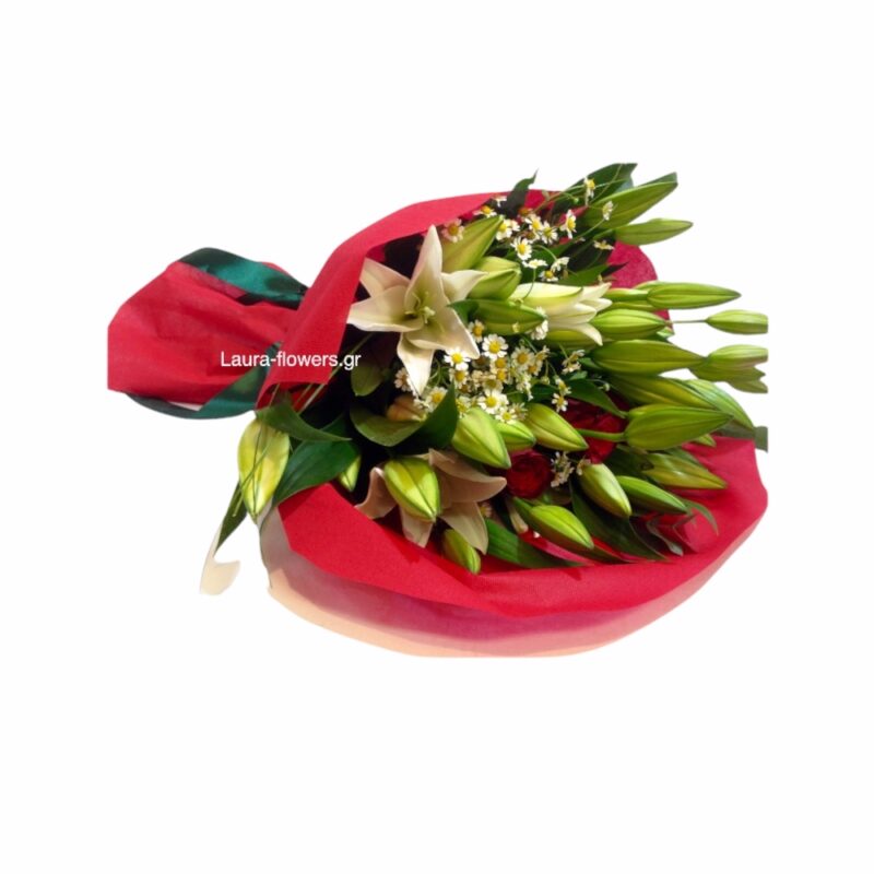 Bouquet with white liliums and red roses 85 euros