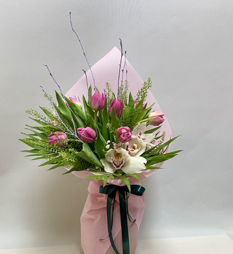 Bouquet with Tulips and cymbidium orchids
