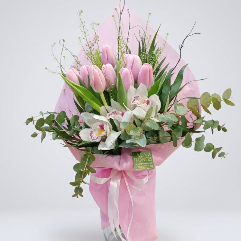 Bouquet with orchids and tulips