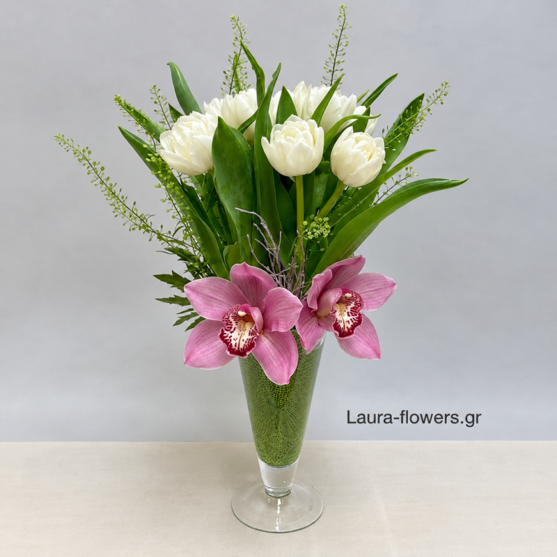 Tulips and orchids.